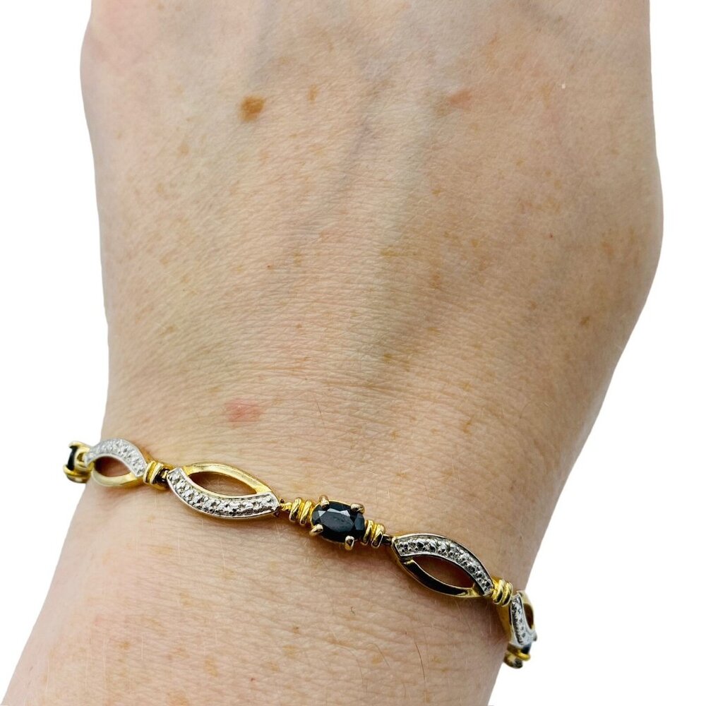 Sterling Silver Gold Vermeil Sapphire Illusion Tennis Bracelet 7.25in Signed DL